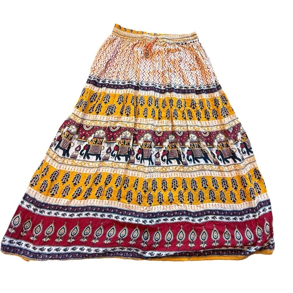Womens 100% Rayon Midi Skirt Medium Elastic Waist Gypsy Boho Hippie Peasant